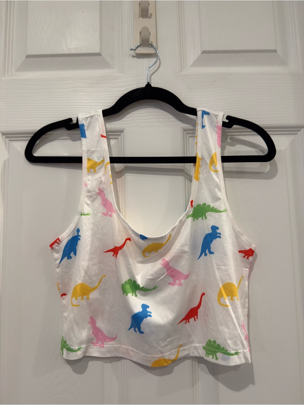 White with Colorful Dinosaur Print Cropped Tank Top